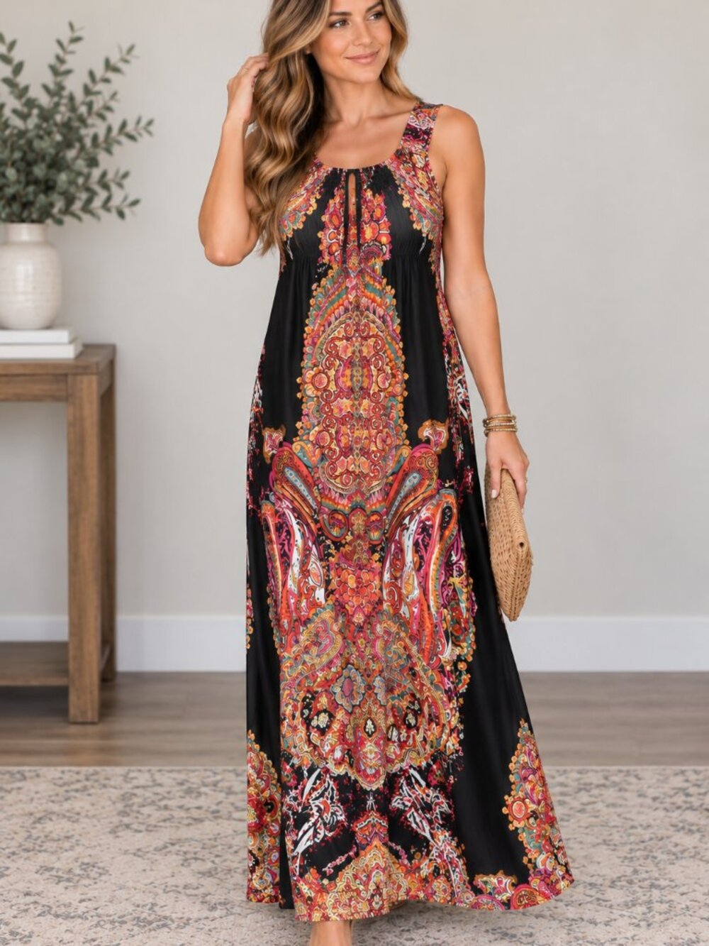 One World NWT Black Paisley Boho Maxi Dress Multicolor Size M